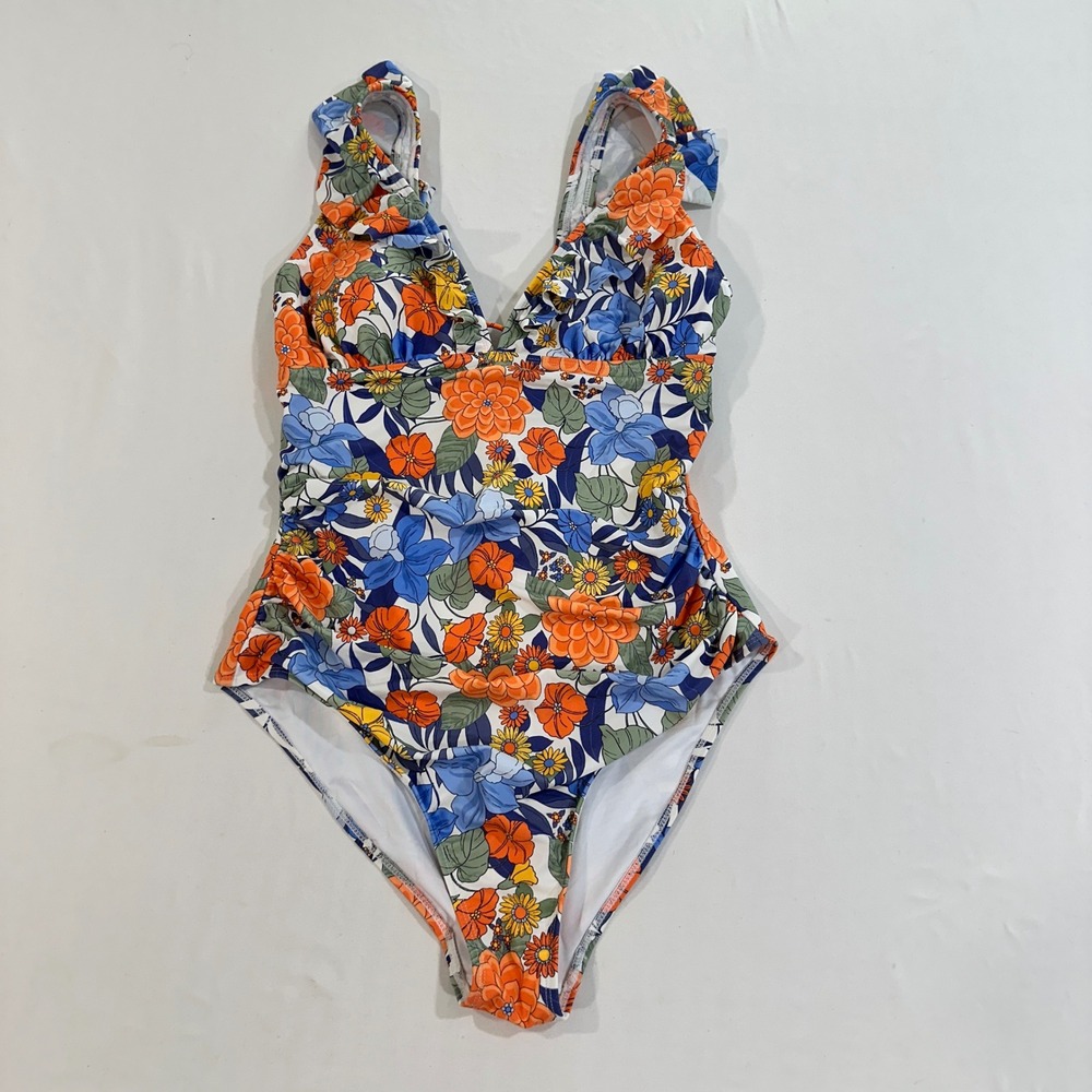 CUPSHE Floral One Piece Swimsuit Women XL Blue Orange Ruffle Tummy Control Boho